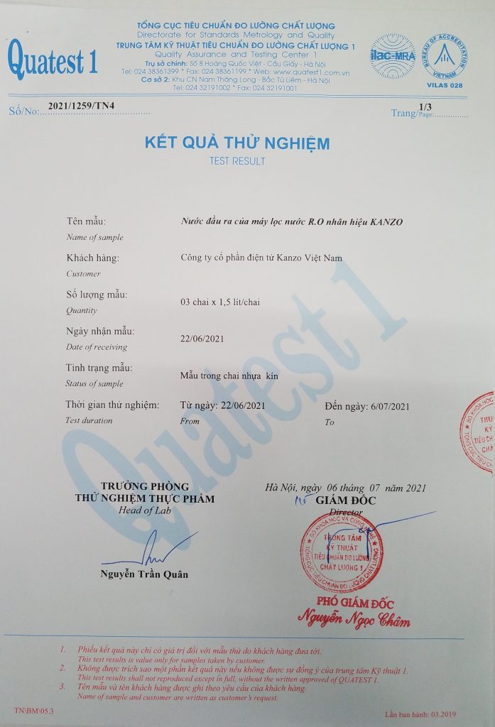 Máy lọc nước R.O KANZO cho ra nguồn nước uống trực tiếp đạt chuẩn QCVN6-12010BYT (3)